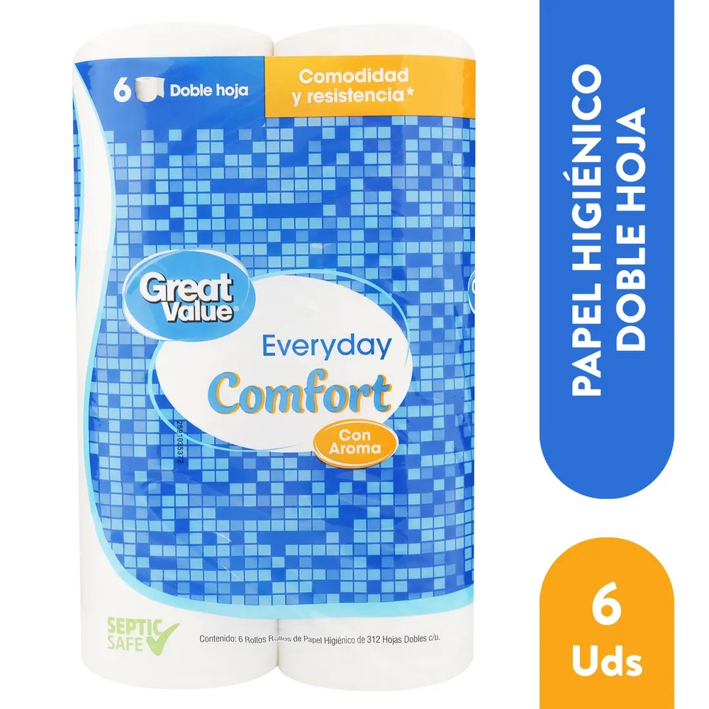 Papel Higiénico Great Value Doble Hoja Comodidad Y Resistencia - 6 Rollos
