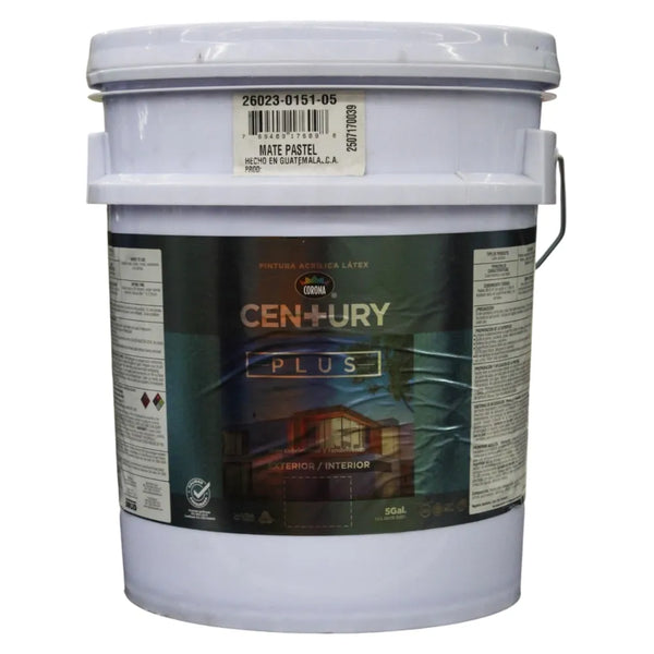 Pintura Latex Century Plus, Fórmula Mejorada Color Mate Pastel Cubeta - 5 Galónes