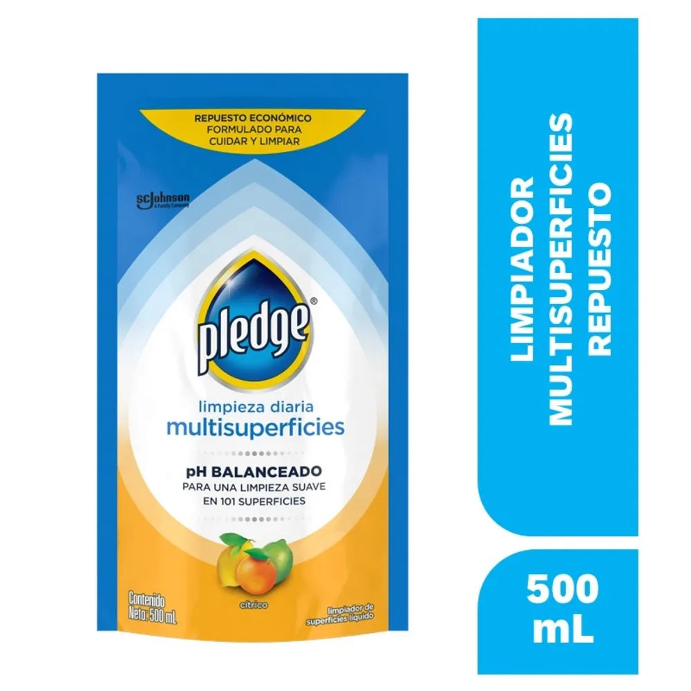 Pledge Limpiador Multisuperficies, Cítrico - Electrónicos, Acero Inoxidable, Maderas Y Más, Repuesto - 500 Ml