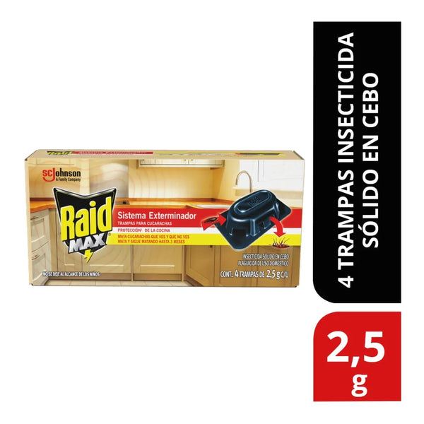 Raid Max Insecticida Sistema Exterminador, Trampas Para Cucarachas 4 Piezas, 2.5g C/u