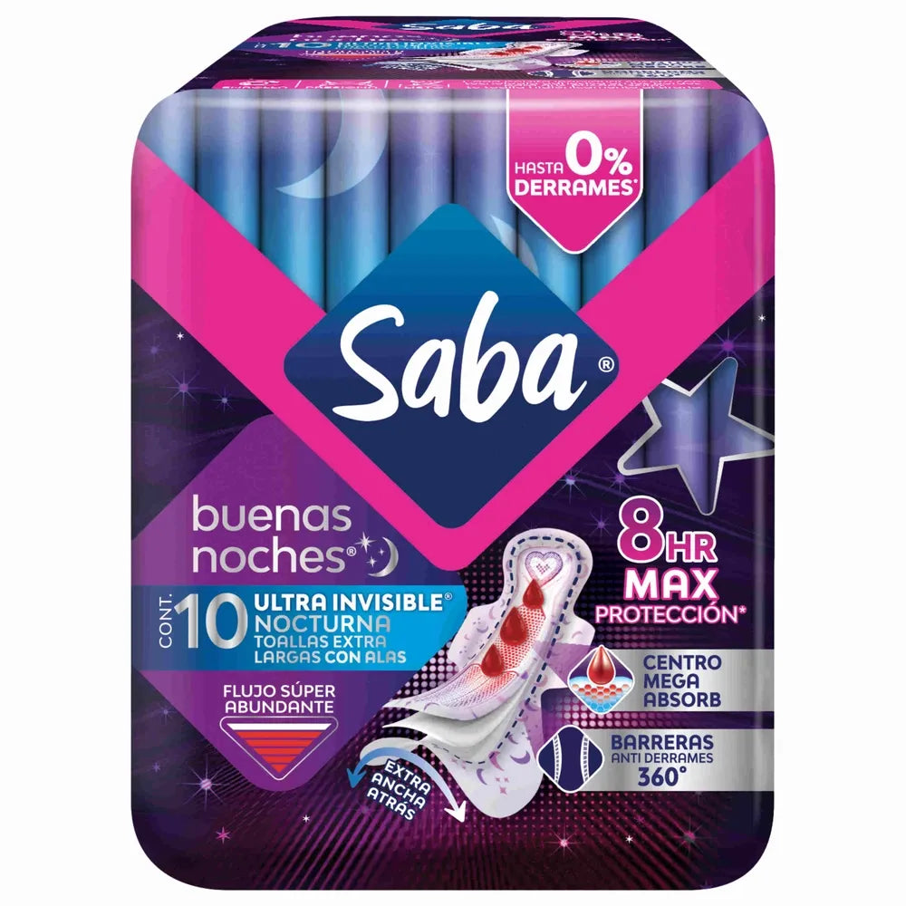 Toallas Femeninas Saba Buenas Noches Ultra Invisible Con Alas Flujo Super Abundante - 10 Piezas