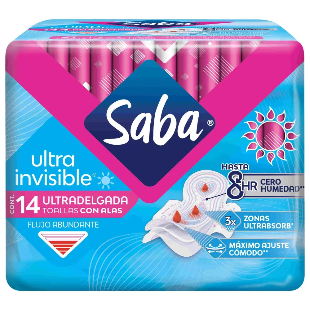Toallas Femeninas Saba Ultra Invisible Día Con Alas Flujo Abundante - 14 Piezas