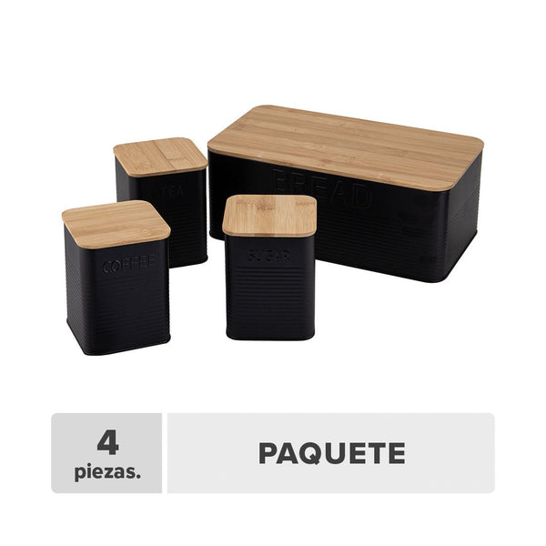 Recipientes Y Panera Hierro Y Bambú 10x10x13.5cm 4pcs
