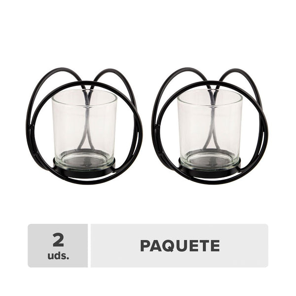 Candelabro Negro Metal Y Vidrio 15x13x14cm 2pcs