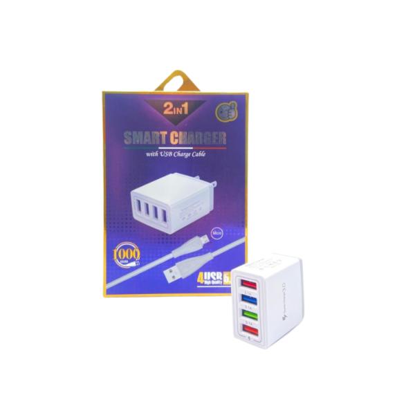 Cargador Cubo Casa  4 Usb Con Cable Usb Micro V8 Caja Azul