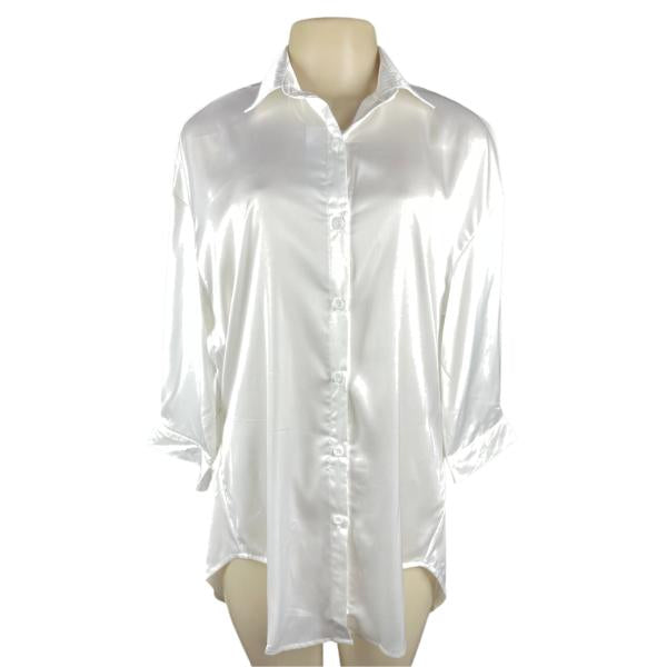 Pijama - Blusón/Camisa Lisa Manga Larga De Botones - Blanco S