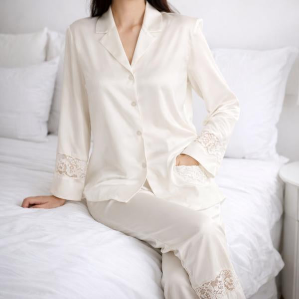 Pijama - Conjunto Camisera Pantalón Con Detalles De Encaje  - Blanco S