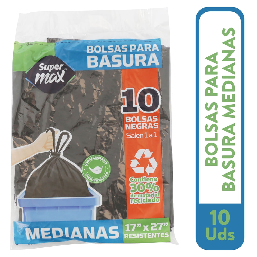Bolsa Para Basura Supermax, Negra Con Manigueta Mediana 10 Unidades