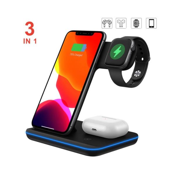 Cargador Inalambrico Tipo Holder Para Celular Inpods Y Reloj Wireless Color Negro