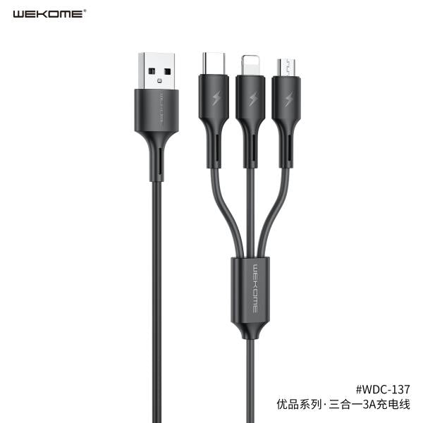 Cable Usb Lightning Tipo C Micro B 3 En 1 Wdc-137Th Wk Desing Negro