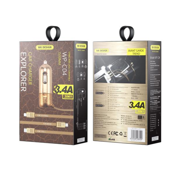 Cargador Carro Usb Lightning Micro B Tipo C Wp-C04 Wk