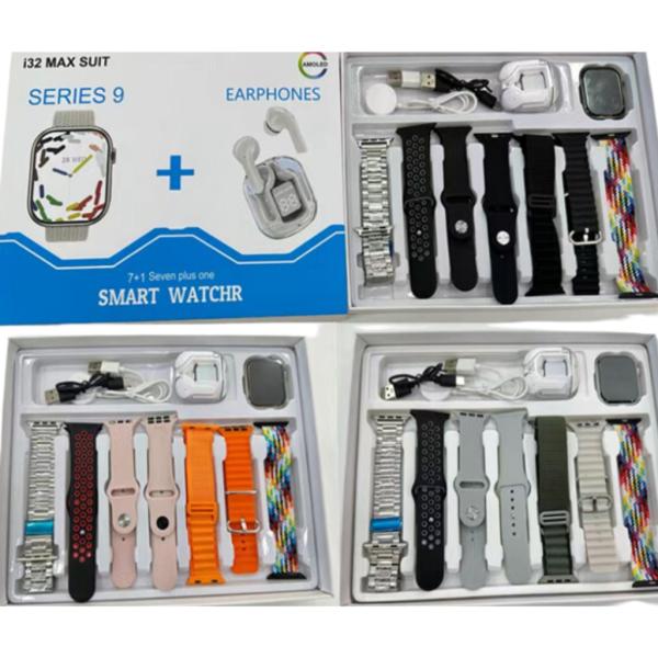 Reloj Inteligente 7 Fajas Y Audifonos Bluetooth Modelo I32 Max Suit Negro