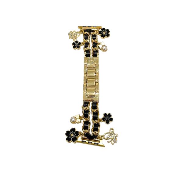 Banda Para Reloj Diseño Flores Negra/Dorado 38/41 Mm