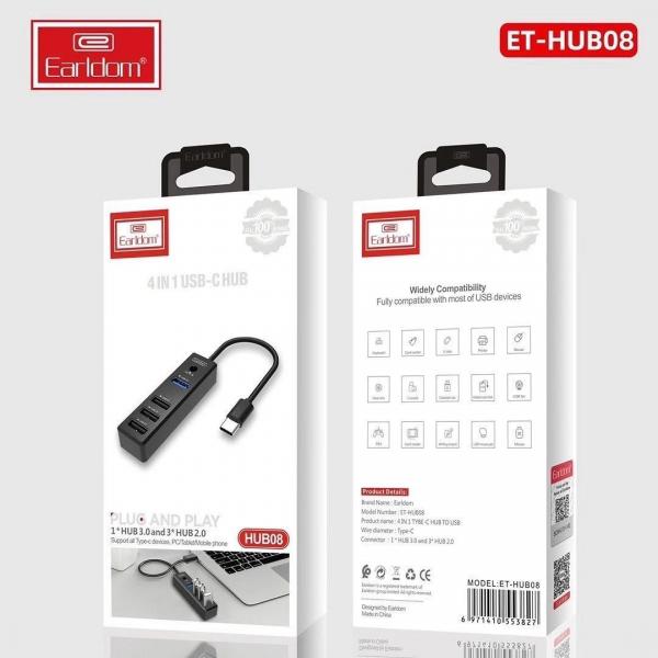 HUB USB TIPO C A  A 4 USB  EARLDOM ET-HUB08  (Admite 3 puertos USB 2.0 y 1 puerto USB 3.0)
