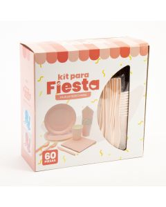 Vajilla Cartón Desechable 60pzas Rosado Y Blanco