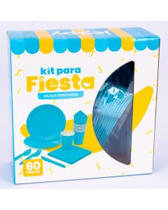 Vajilla Desechable Cartón Lisa 60pzas Celeste Y Blanco