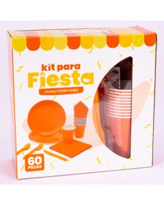 Vajilla Cartón Desechable 60pzas Naranja Y Blanco