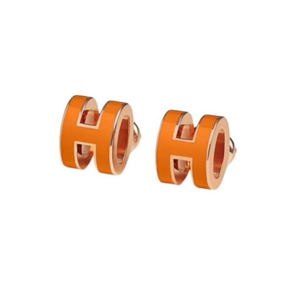 Aretes De Acero Dorado Hermes Diseño H Naranja