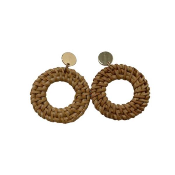 Aretes De Madera Circulo Mimbre Beige/Dorado