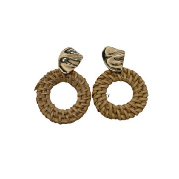 Aretes De Madera Circulo Mimbre Diseño Geometrico Beige/Dorado