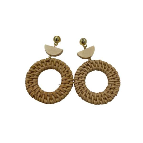 Aretes De Madera Circulo Mimbre Y Medio Circulo Beige