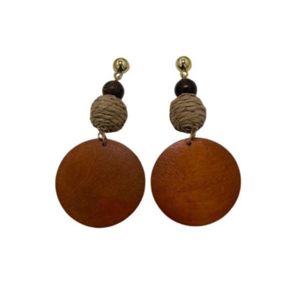 Aretes De Madera Y Mimbre Diseño Circulo Y Bolitas Cafe/Naranja