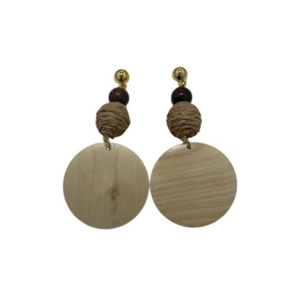 Aretes De Madera Y Mimbre Diseño Circulos Y Bolitas Beige/Cafe