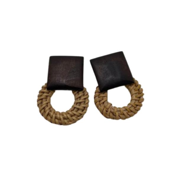 Aretes De Madera Y Mimbre Diseño Cuadro Beige/Cafe