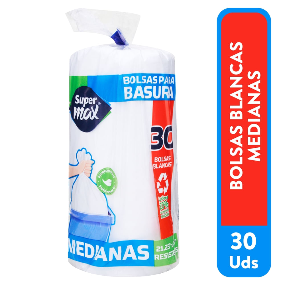 Bolsa Para Basura Supermax, Blanca Rollo Mediana 30 Unidades