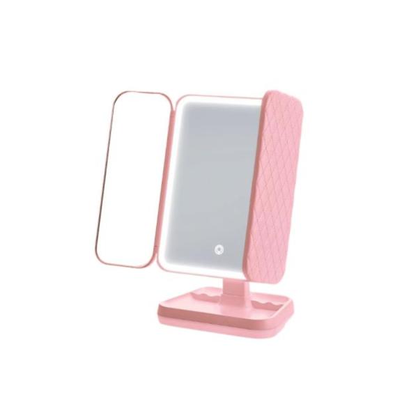 Espejo 3 Caras Plegable 180° Con Luz Led Y Aumento Rosado