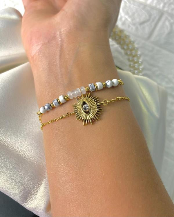 Pulsera De Acero Doble Dorada Ojo Turco/ Blanco