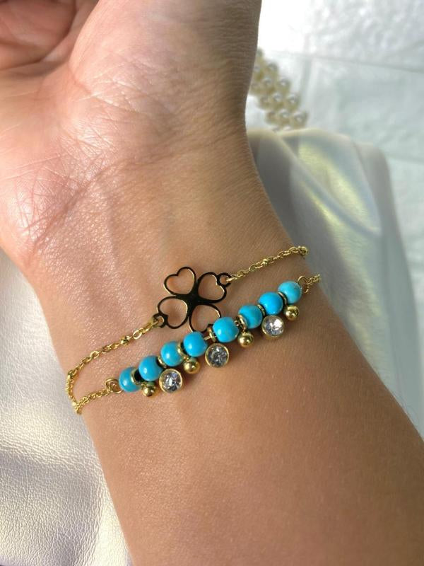 Pulsera De Acero Doble Dorada Trebol/ Turquesa