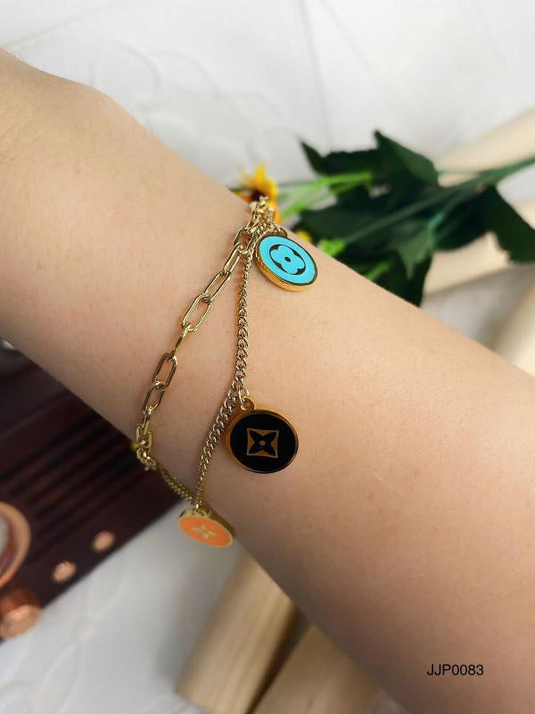 Pulsera De Acero Doble Dorado Flores Negra/Lv