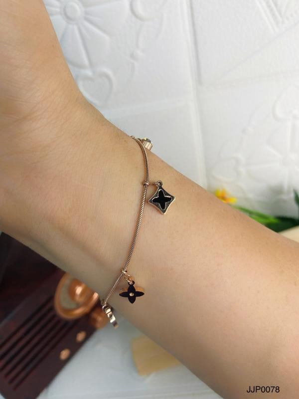 Pulsera De Acero Oro Rosa Flores Negra/Lv
