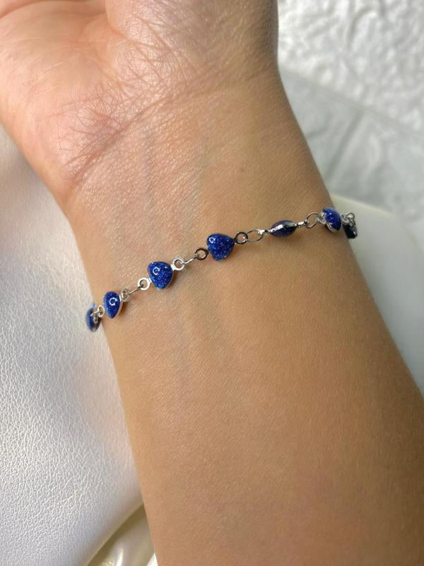 Pulsera De Acero Plateada Corazones Azules