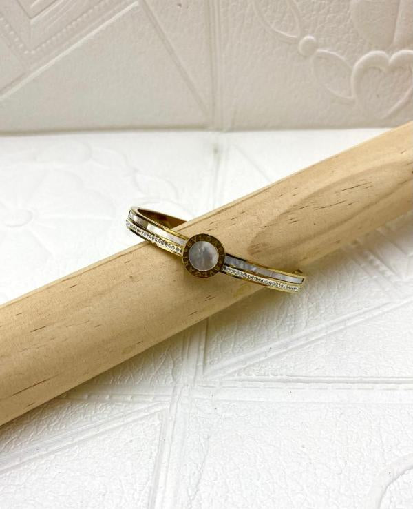 Pulsera De Acero Rigida Bvlgari Diseño Perlas Dorado