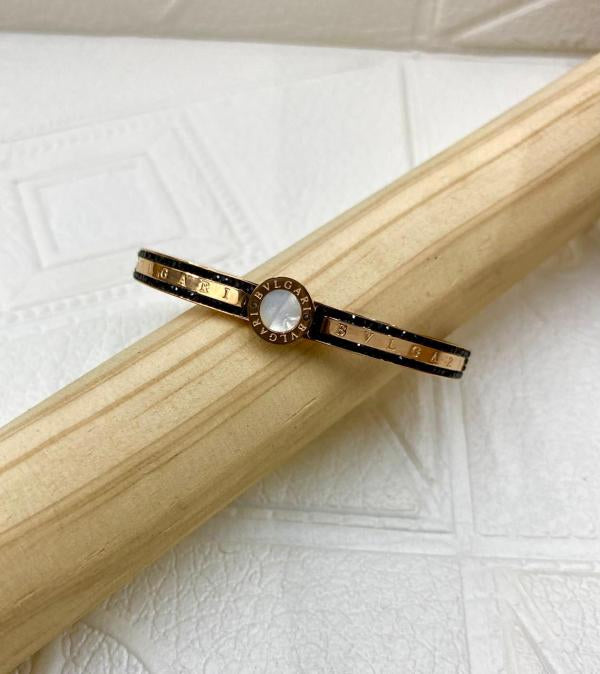 Pulsera De Acero Rigida Bvlgari Diseño Piedras Negras Oro Rosa