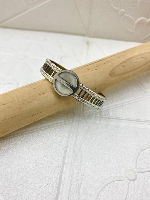 Pulsera De Acero Rigida Cartier Diseño Circulo Con Perlas Plateado