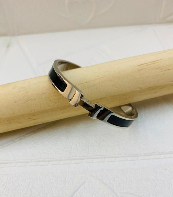 Pulsera De Acero Rigida Hermes Diseño H Plateado