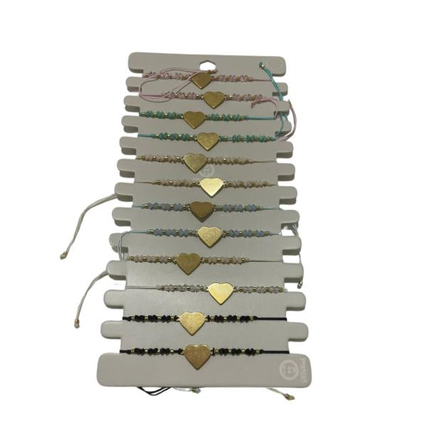 Pulsera De Hilo Diseño Corazon Dorado Y Abalorios Modelo Hn1650