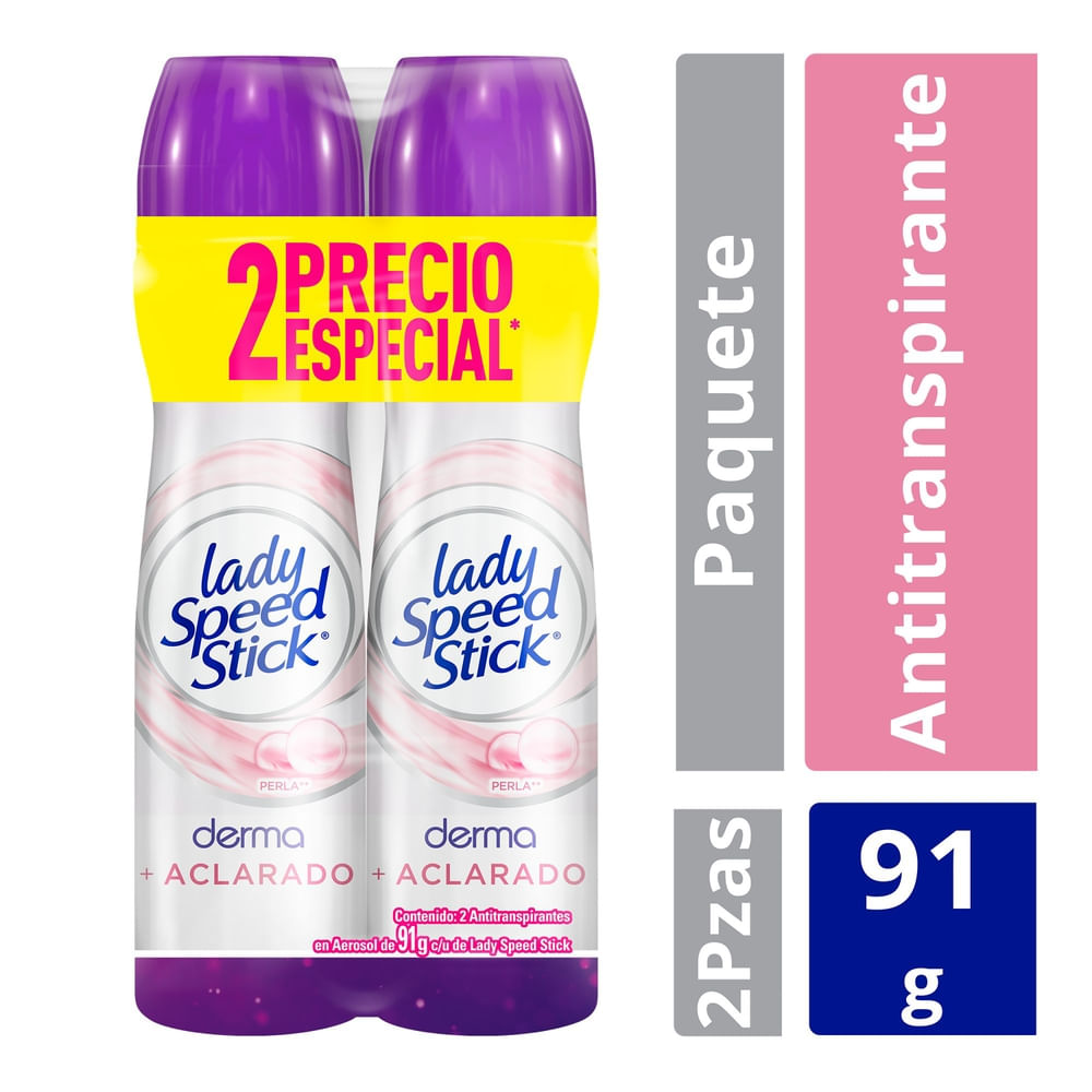 Desodorante Antitranspirante Lady Speed Stick Derma + Aclarado Perla Aerosol 91 G 2 Pack