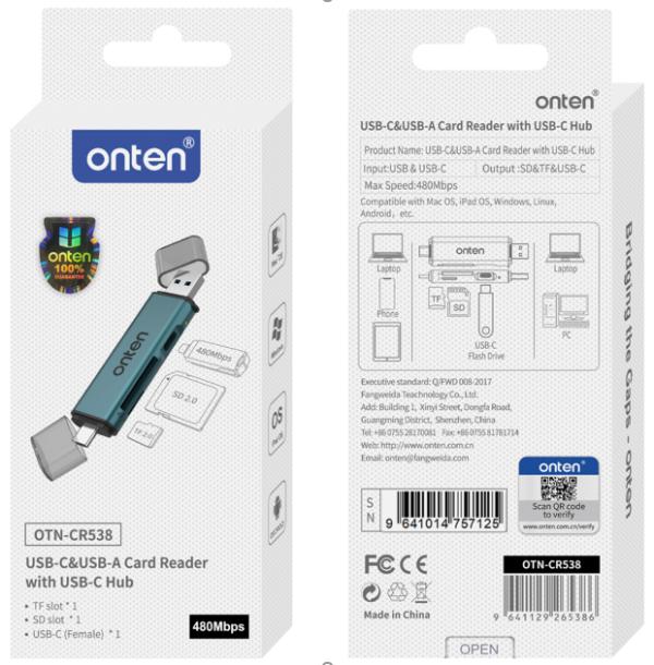 Onten Lector Memoria Usb Tipo C Y Tipo A OTN-CR538 Onte