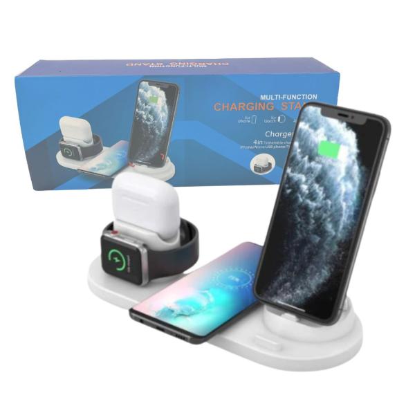 Cargador Inalambrico Caja Azul Tipo Holder Para Celular Inpods Y Reloj Wireless Color Blanco
