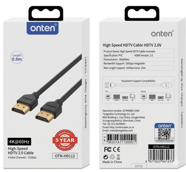 Cable Hdmi Tipo A Macho A Macho OTN-HD162 Onten 5M Negro