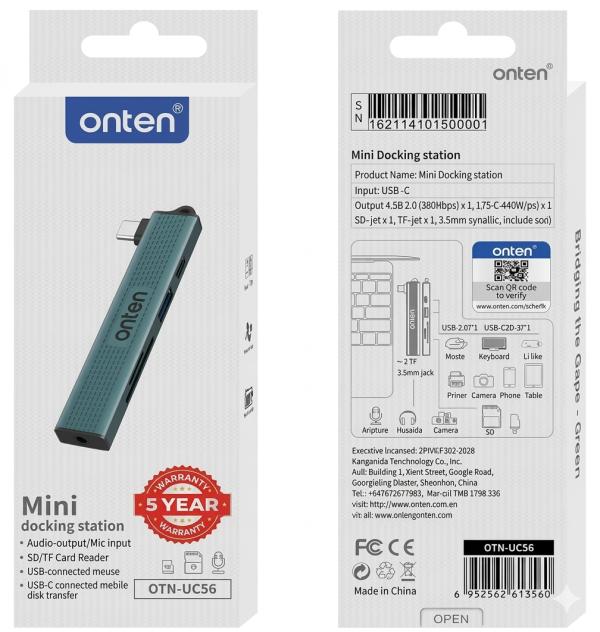 Mini Estacion Dock Multifuncional Usb Tipo C Otn-Uc56S Onten Verde