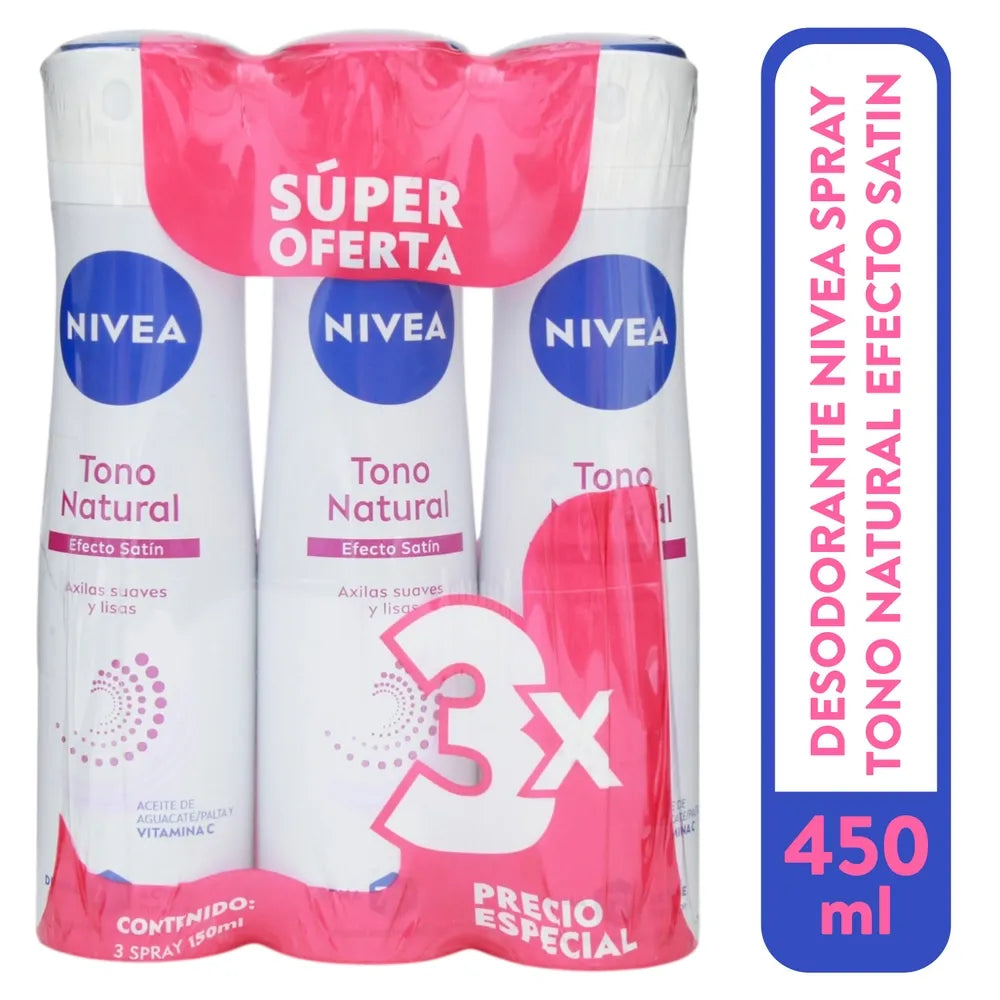 Desodorante Nivea Spray Tono Satin Femenino 3 Pack - 450 Ml