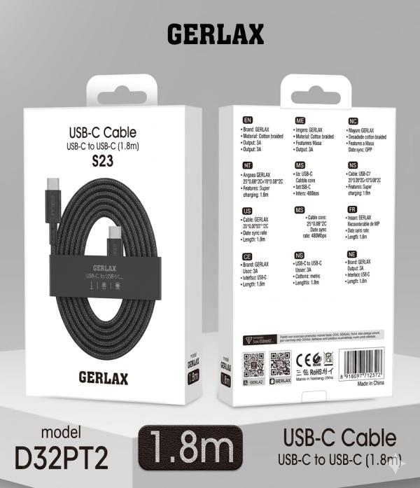 Cable Usb Tipo C D32Pt2 Gerlax Negro C-C