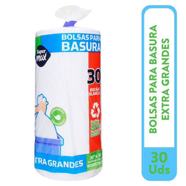 Bolsa Para Basura Supermax, Blanca Rollo Extra Grande 30 Unidades