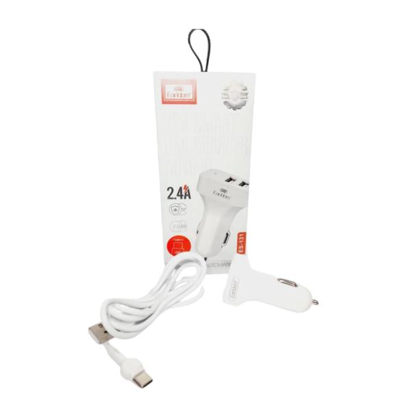 Cargador Cubo Carro Doble Usb 2.4 A Con Cable Tipo-C Es-131C Earldom Blanco
