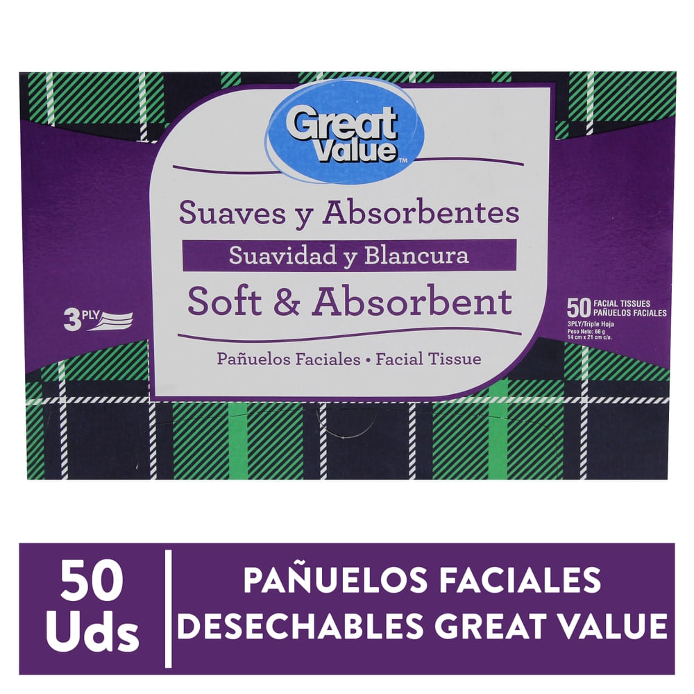Pañuelos Desechables Great Value, 50 Unidades